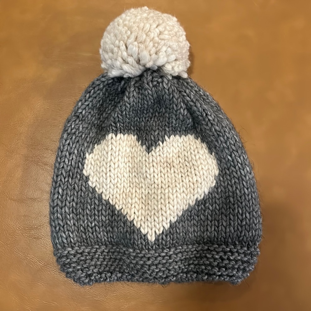 Adult Crocheted winter hat, grey with off-white heart. from Italy